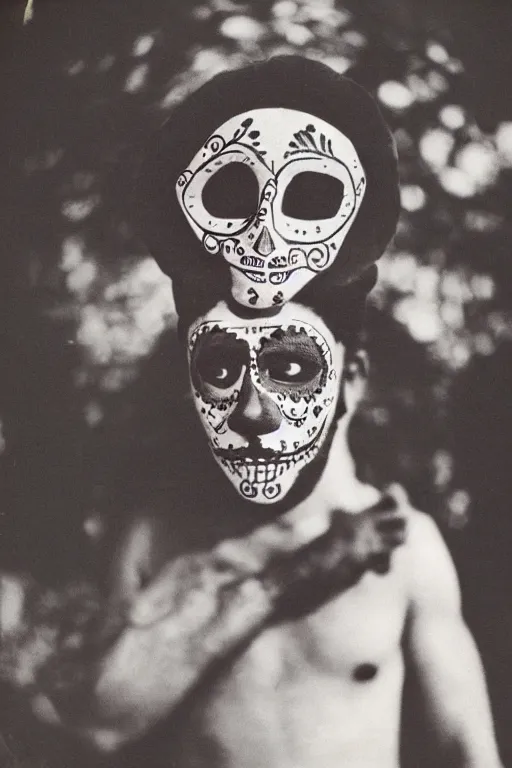 Image similar to vintage 35mm photo portrait of a man wearing a traditional day of the dead masks in the style of Gregory Crewdson