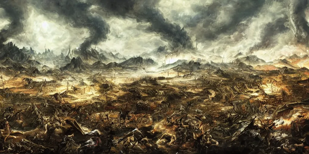 Prompt: an epic painting of a fantasy battlefield after the combat, dead and wounded lying around, devastation everywhere, artwork, detailed
