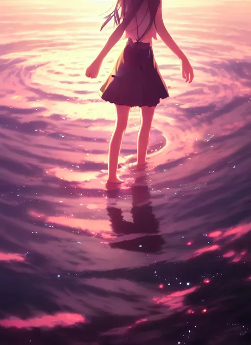 Image similar to anime girl walking on water, ripples, backdrop of dawn, saturn in the background, illustration, concept art, anime, key visual, trending pixiv fanbox by wlop and greg rutkowski and makoto shinkai and studio ghibli