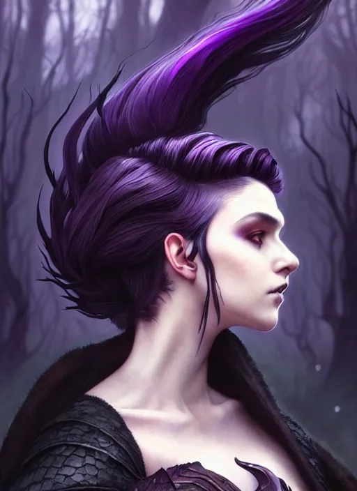 Image similar to side portrait dark witch, adventurer outfit large cloak, fantasy forest landscape, dragon scales, fantasy magic, undercut hairstyle, short purple black fade hair, dark light night, intricate, elegant, sharp focus, illustration, highly detailed, digital painting, concept art, matte, art by WLOP and Artgerm and Greg Rutkowski and Alphonse Mucha, masterpiece