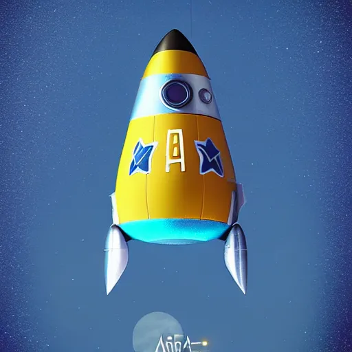 Image similar to a cute space rocket made of shiny plastic and aluminium - professional photo studio - unreal 5 - artstation trending - vintage design - dark bleu background - vignette