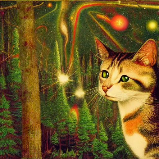 Image similar to psychedelic amber eyes cat eyes lush pine forest, outer space, milky way, designed by arnold bocklin, jules bastien - lepage, tarsila do amaral, wayne barlowe and gustave baumann, cheval michael, trending on artstation, star, sharp focus, colorful refracted sparkles and lines, soft light, 8 k 4 k