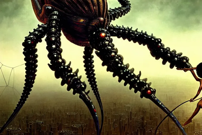 Image similar to realistic detailed closeup portrait movie shot of a beautiful black woman riding a giant spider, dystopian city landscape background by denis villeneuve, amano, yves tanguy, alphonse mucha, max ernst, ernst haeckel, edward robert hughes, roger dean, cyber necklace, rich moody colours, sci fi patterns, wide angle