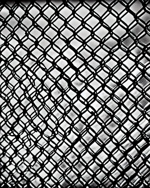 Image similar to black and white dramatic gritty pen art of a face shape in a chain link fence