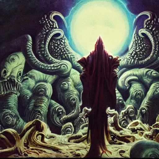 Image similar to cinematic scene of Cthulhu the cosmic god enveloping the fearful people, lovecraft
