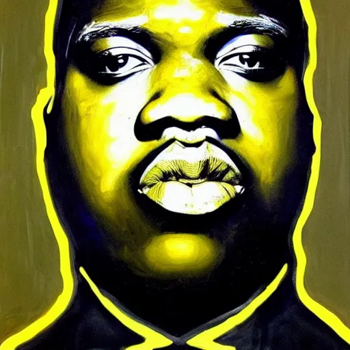Image similar to a hyper realistic painting of biggie smalls, art by basquiat, intricate, ultra detailed, photorealistic, black and gold colors, dark background trending on artstation
