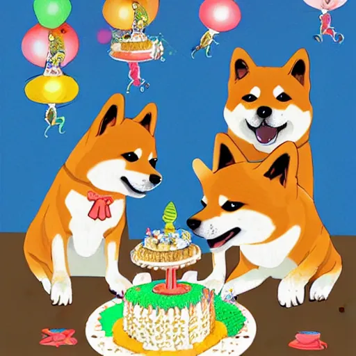 Image similar to expensive birthday card with happy shiba inu dogs eating birthday cake, Nintendo game art, Hayao Miyazaki, intricate detail, illustration, beautiful lighting,