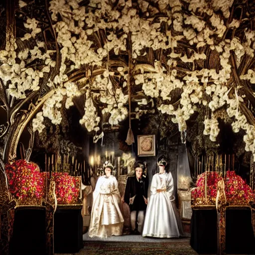 Prompt: A wide full shot, colored black and white Russian and Japanese mix historical fantasy a photograph taken of inside the royal wedding floral covered venue inspired by fairytales, photographic portrait, warm lighting, 1907 photo from the official wedding photographer for the royal wedding.