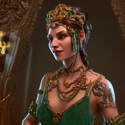 Image similar to photograph of wonderful princess with fair skin, green jewelry, breathtaking, ornate, intricate, hyper detailed, accent lighting, dramatic light, 4 k octane render