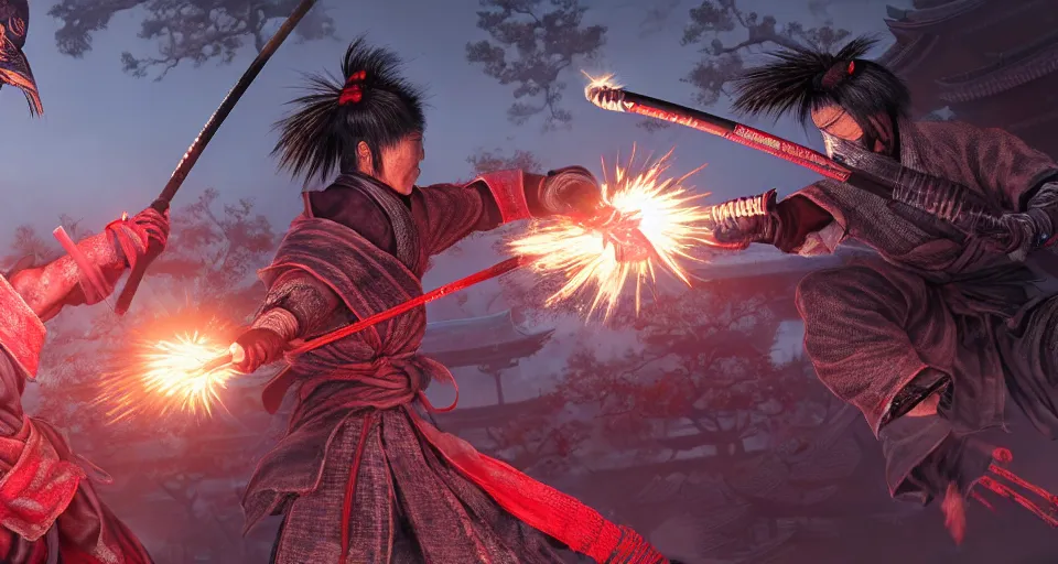 Image similar to Sekiro fighting Ryu Hayabusa in front of a shinto shrine, digital painting, 8k ultra realistic, atmosphere, glow, detailed, cinematic lighting, trending on artstation, 4k, full of color, hyperrealistic, extreme details