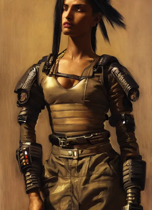 Image similar to Adriana. beautiful cyberpunk Samurai woman wearing a military vest and military jumpsuit (cyberpunk 2077). gorgeous african face. Iranian orientalist portrait by john william waterhouse and Edwin Longsden Long and Theodore Ralli and Nasreddine Dinet, oil on canvas. Cinematic, hyper realism, realistic proportions, dramatic lighting, high detail 4k