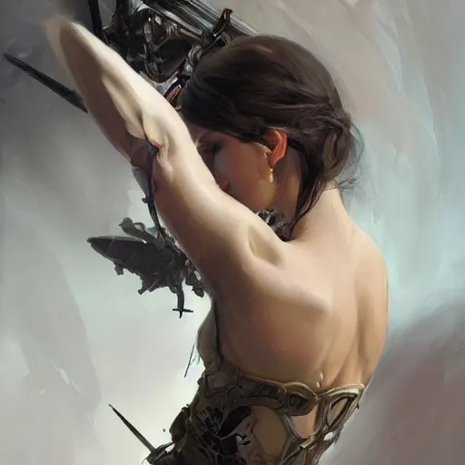 Image similar to tattoo design, a professional painting of a beautiful young female, partially clothed in battle armor, olive skin, long dark hair, beautiful bone structure, symmetrical facial features, intricate, elegant, digital painting, concept art, smooth, sharp focus, illustration, from Metal Gear, by Ruan Jia and Mandy Jurgens and Greg Rutkowski and Artgerm and William-Adolphe Bouguerea and artgerm, cat girl, anime