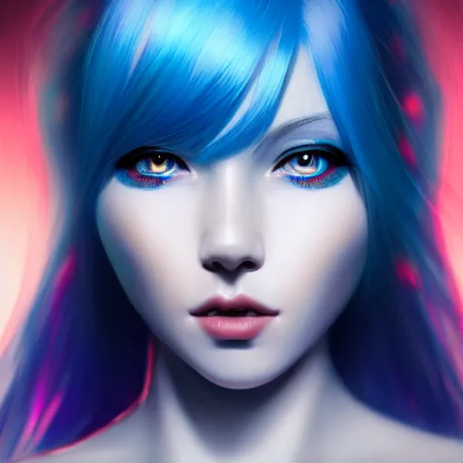 Image similar to perfectly - centered close - up portrait - photograph of blue - haired goddess with glowing - red - eyes, the perfect human female specimen, intricate, elegant, super highly detailed, professional digital painting, artstation, concept art, smooth, sharp focus, no blur, no dof, extreme illustration, unreal engine 5, 8 k, by anne stokes