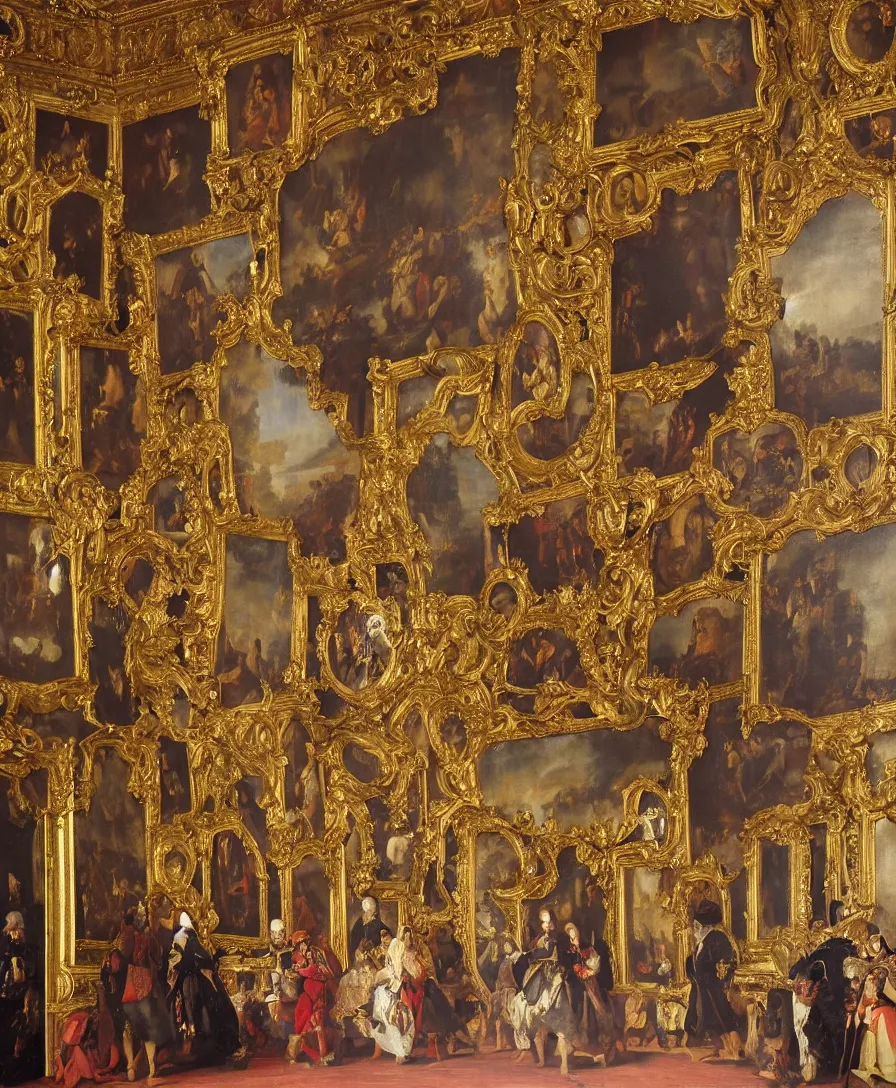 Image similar to fine art, oil on canvas baroque style by diego velasquez. the interior of the palace of versailles in france. fine art in the walls and