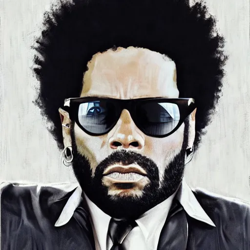 Prompt: lenny kravitz as men in black agent, detailed 8 k photorealistic portrait, imdb poster style