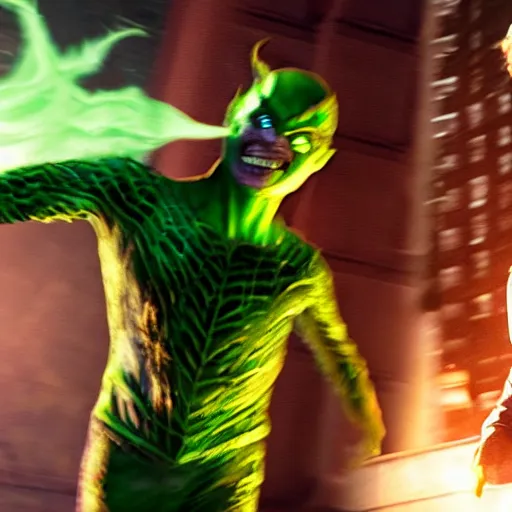 Prompt: Tobey Maguire as the Green Goblin, fighting Daniel Radcliffe as Spider-Man, 2023 movie preview, screenshot, promotional still, Ultra HD, 8k, realistic