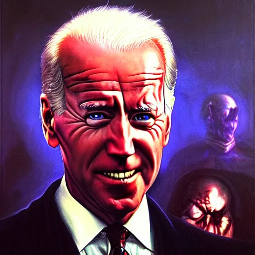 Image similar to epic Joe Biden in pandemonium, demons and souls, portrait, art by Wayne Barlowe, oil on canvas