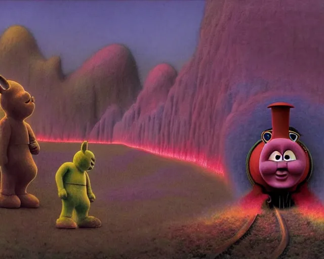 Prompt: still frame from thomas and friends by wayne barlowe, happy teletubbies train by wayne barlowe, eldrich thomas train by beksinski, grandiose demonic train with locomotive and endless wagons, 🚂🚂🚂