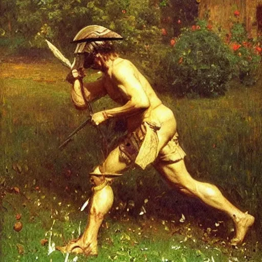 Image similar to A spartan mowing the lawn, photorealistic, by Ilya Repin and Dr. Seuss