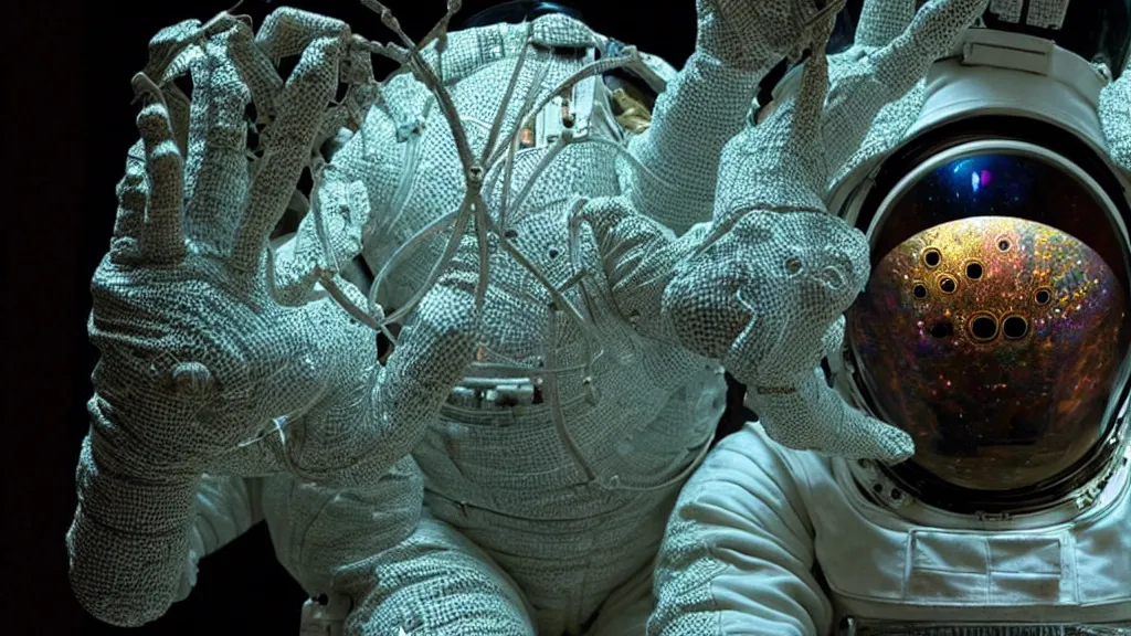 Image similar to a astronaut eva suit covered in diamond 3d fractal lace iridescent bubble 3d skin and covered with insectoid compound eye camera lenses floats through the living room, film still from the movie directed by Denis Villeneuve with art direction by Salvador Dalí, wide lens,