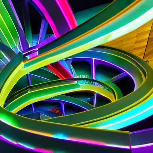 Prompt: spiral staircase made out of pc cooling equipment, in a rgb environment that looks like heaven, 4k, high detail