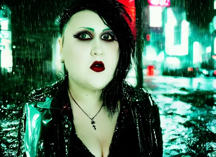 Image similar to closeup portrait of emo vampire goth beth ditto standing in the rain in a dark cyberpunk city, heavy make - up running down face, neon reflections in the puddles, portra 4 0 0 candid photograph portrait by annie leibovitz, 3 5 mm macro shot, f / 3 2, hyperrealistic, cinematic lighting, hd wallpaper, 8 k, 4 k
