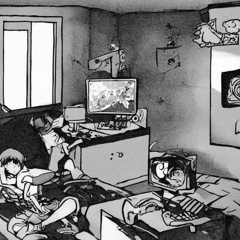 Prompt: illustration of teenager playing video games inside ominous creepy 1 9 8 0's teenagers bedroom. manga style of kentaro mirua,