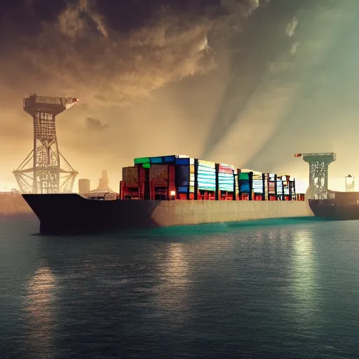 Image similar to photo of Immense industrial futuristic cargo ship arrives at cyber punk city sea port, cinematic lighting, photo