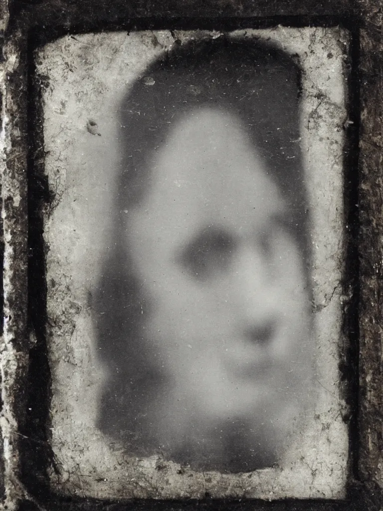 Prompt: found tintype photograph. a ghost's face in a tudor house window