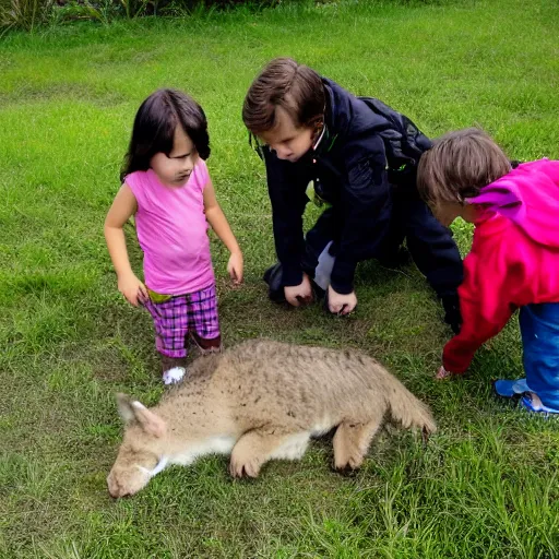 Image similar to two kids discovering an animal that does not exist