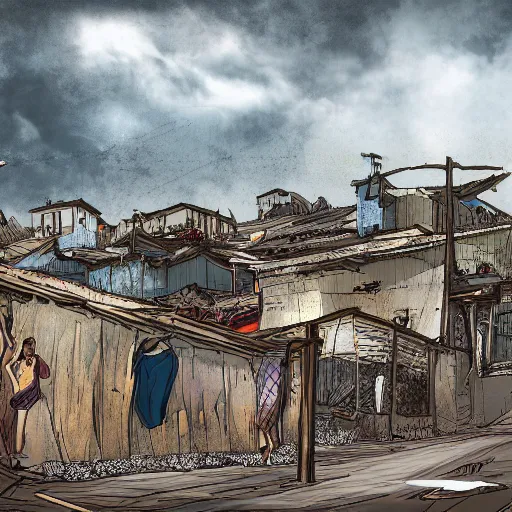 Prompt: the slums just outside the gates to the kingdom of heaven, digital art