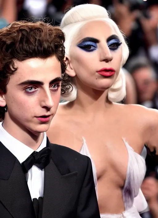 Image similar to timothee chalamet meets lady gaga, canon, highly realistic. high resolution. highly detailed 8 k. 4 k.