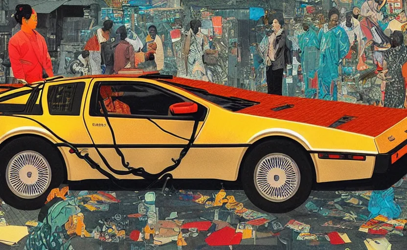 Image similar to a red delorean and a yellow tiger in ajegunle slum of lagos - nigeria, painting by hsiao - ron cheng, utagawa kunisada & salvador dali, magazine collage style,
