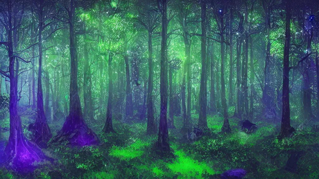 Image similar to portrait of an ethereal evergreen forest made of green and purple light with log cabin made of blue light, divine, cyberspace, mysterious, dark high-contrast concept art