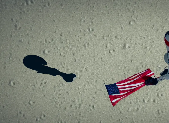 Image similar to astronaut underwater putting a flag in the sand of the bottom of the ocean. there is a submarine that looks like a rocket in the distance. dark, concept art, cinematic, dramatic, atmospheric, 8 k, trending on artstation, low visibility, zack snyder
