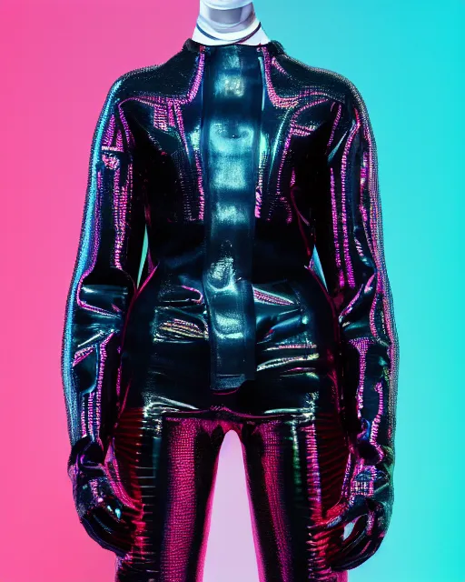 Prompt: an award winning fashion photograph of Balenciaga's techno jacket by Catherine Opie and Demna Gvasalia, cyberpunk, futuristic, Bladerunner 2049, dazzle camouflage!, chromatic, pearlescent, prismatic, dayglo pink, dayglo blue
