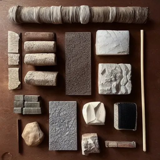 Image similar to “extravagant luxury mountain home architectural materials flatlay, stone, tatami, straw, bamboo, rock, pebbles, pale Japanese natural palette, modern rustic”