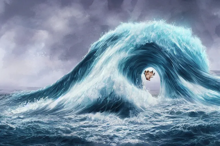 Image similar to giant tsunami wave with a cat of the same size, digital painting, epic composition, highly detailed, 8 k