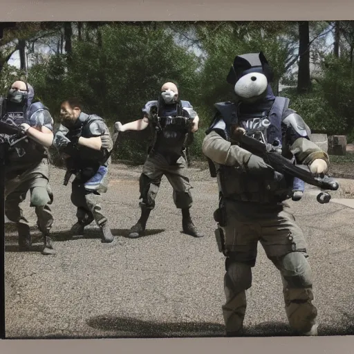 Prompt: Polaroid photo of a SWAT team of fursuiters engaging in a training exercise.