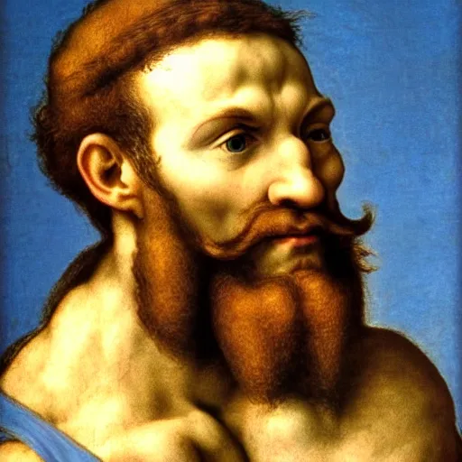 Image similar to Michaelangelo David with a beard and a hairy chest