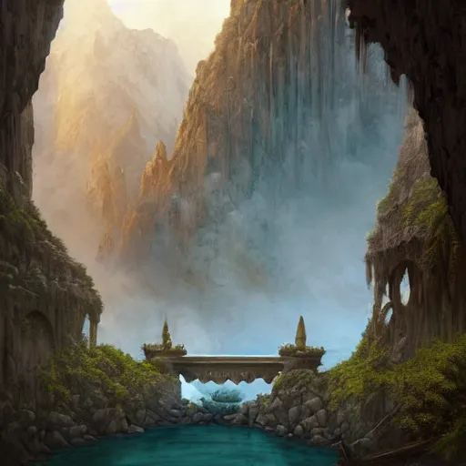 Image similar to a beautiful hyper realistic detailed matte painting of the entrance to a dungeon of the gods at the base of an ancient mountain, dramatic lighting, dynamic lighting, cinematic lighting, lit by morning light, by raphael lacoste and john howe and andreas rocha, unreal engine, featured on artstation, ultrawide angle, f 8, polarizer filter : 1 0