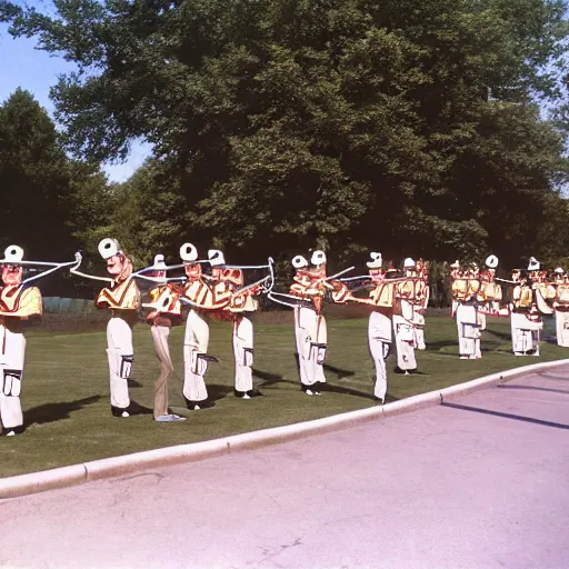 Image similar to photograph of madison scouts drum and bugle corps drum line from 1 9 9 2 warming up beside a madison scouts drum and bugle corps tour bus, photorealism, detailed