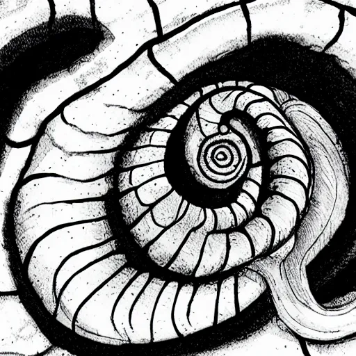 Image similar to a snail by Junji Ito, highly detailed, black and white