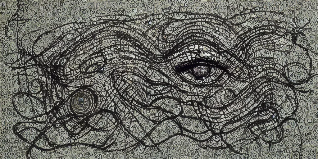 Image similar to camo of lines, technical, acrylic, teeth, eerie, tribal, clay, dots, lines, stipple, points, grid, cybernetic, old painting, swirly eyes, hypnosis