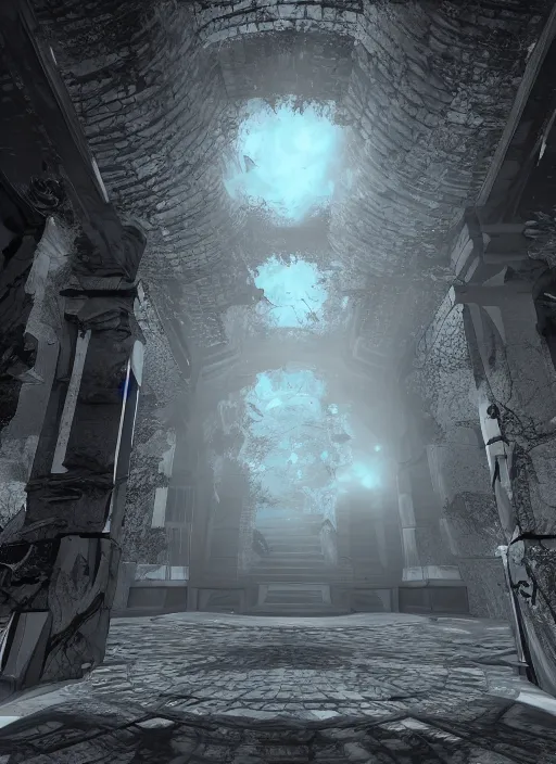 Image similar to ink illustration of the entrance to ethereal realm, rendered in unreal engine, central composition