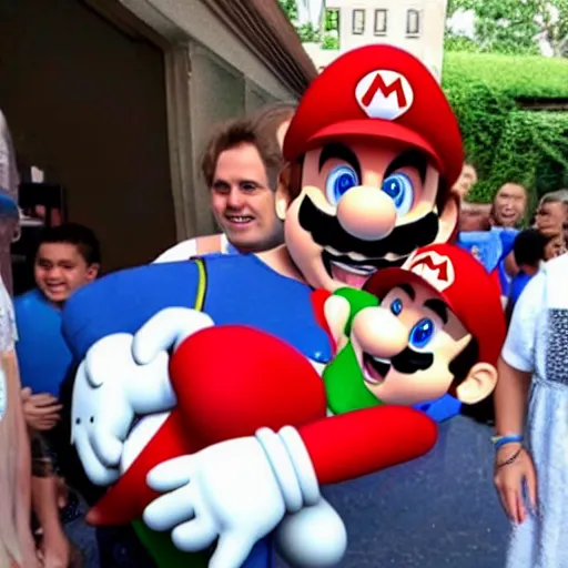 Prompt: super mario smiling while holding a screaming crying kid in his arms