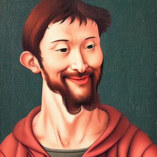 Image similar to portrait painting of happy Michelangelo di Lodovico in the style of japanese cartoon