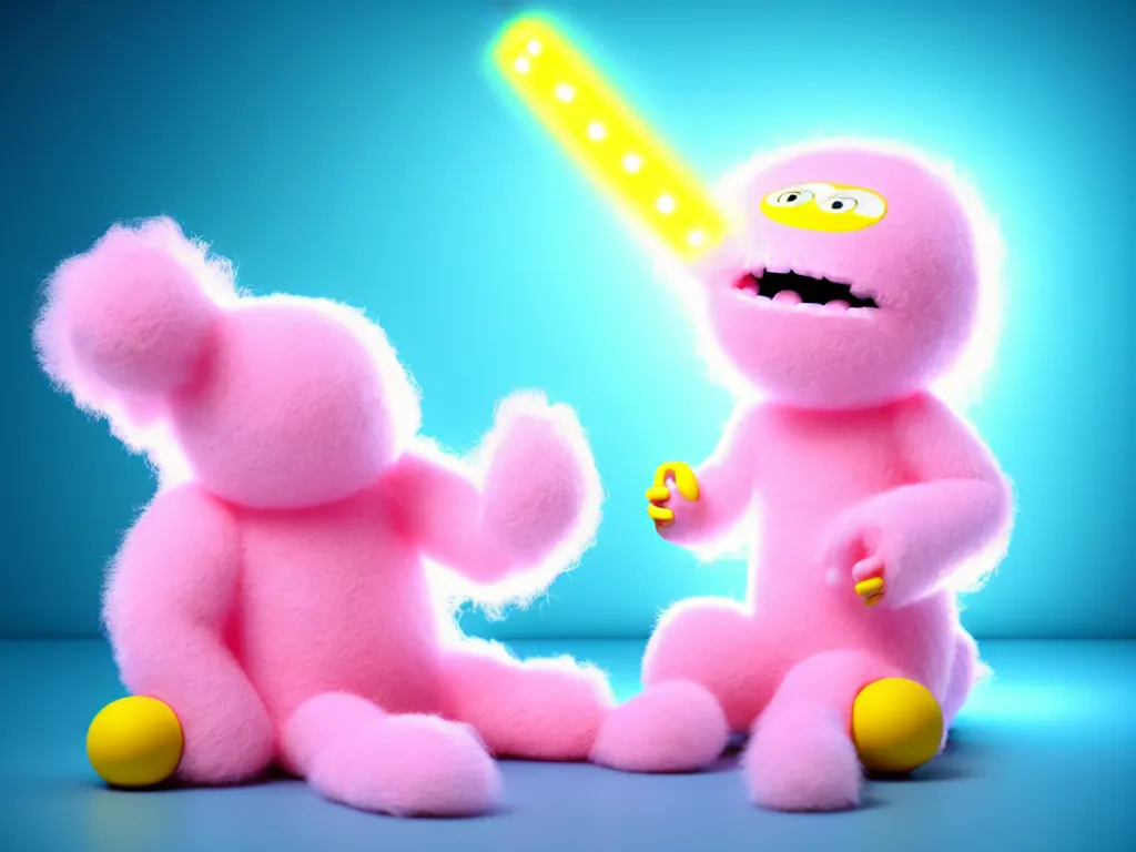 Prompt: realistic image of a light pink monster sitting on a simplistic pink fluffy cloud with yellow beams of light and a light blue background, children's tv show vintage kids channel 1 9 9 0 s 2 0 0 0 s