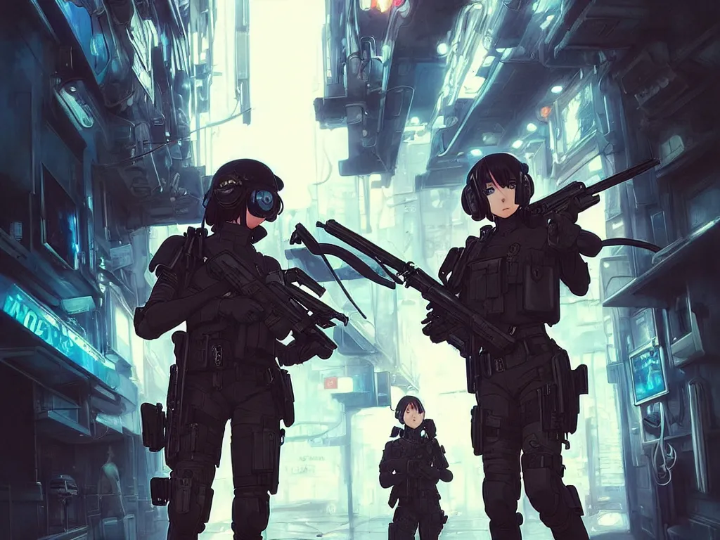 Image similar to anime key visual of a young female swat officer fighting male blood hound, neon, cyberpunk, futuristic, stunning, highly detailed, digital painting, smooth, soft focus, illustration, movie poster, japanese typography, digital art from artstation by artgerm and greg rutkowski and alphonse mucha