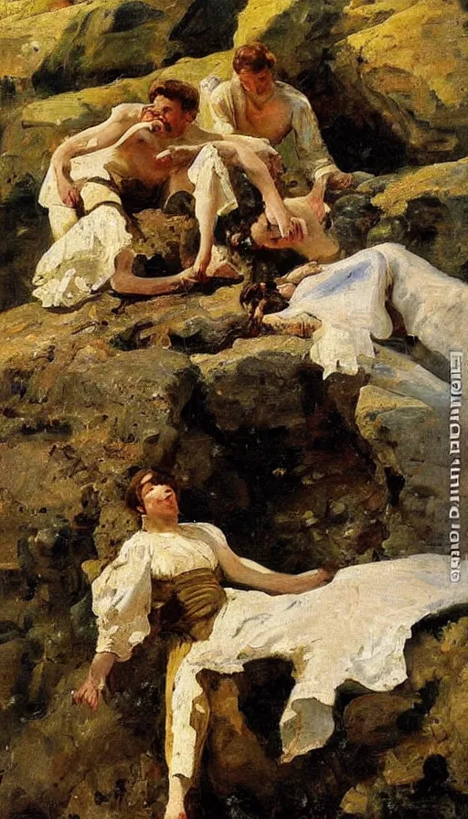 Prompt: still life painting of party falling off a cliff, by Peder Krøyer, dramatic lighting, epic, intricate detail, canvas print